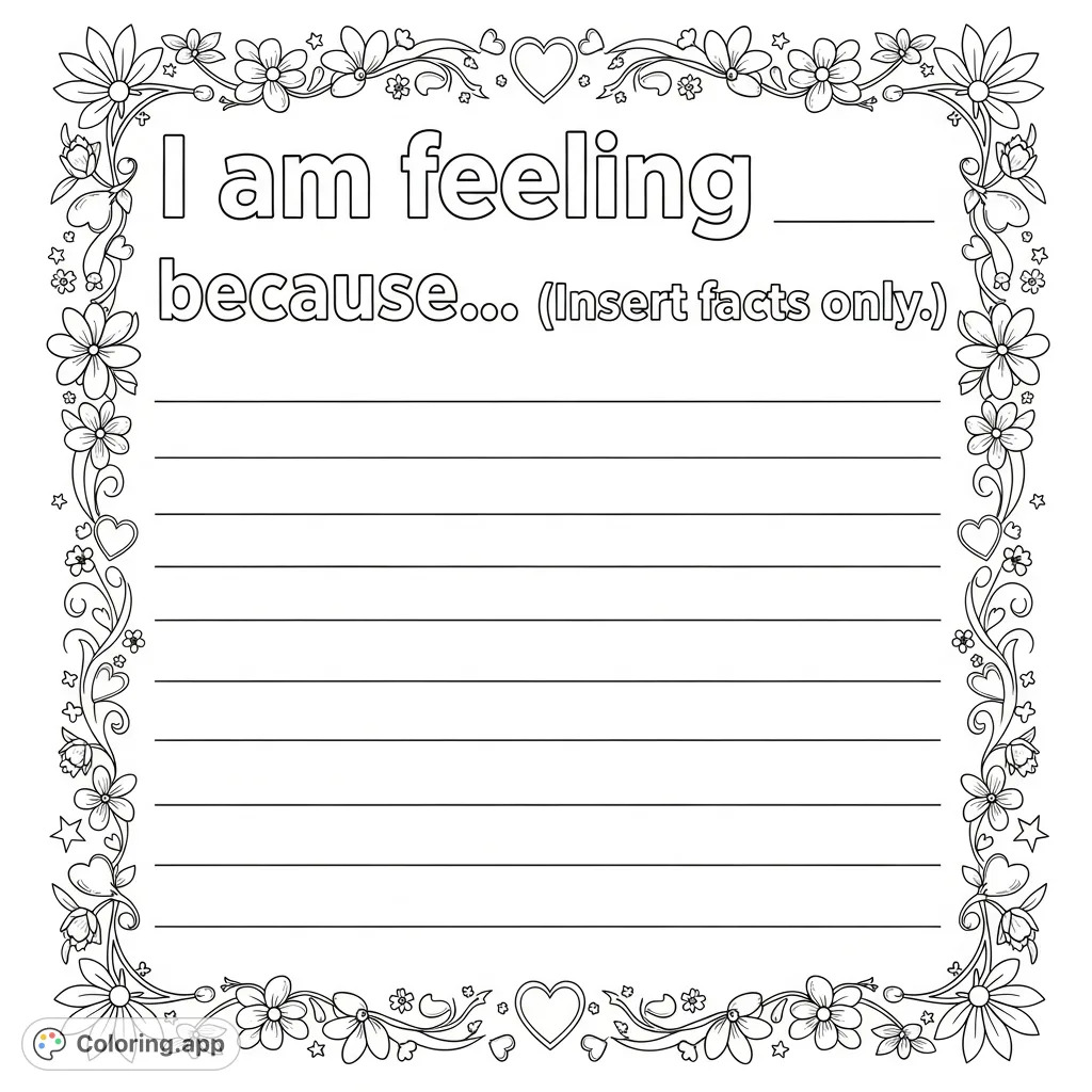 Express your emotions and color a cheerful floral border on this unique journal page. A fun way to combine writing and creative coloring.