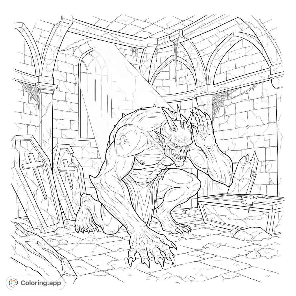 Explore a chilling crypt scene featuring a grotesque creature, crumbling sarcophagi, and dramatic moonlight shadows. A challenging and atmospheric coloring experience.