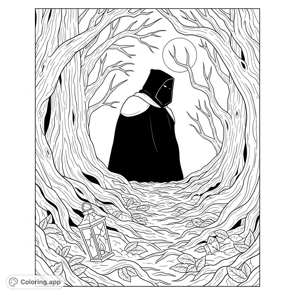 Unveil the mystery of a cloaked figure amidst ancient, gnarled trees under a full moon. A haunting forest scene awaits your creative touch.