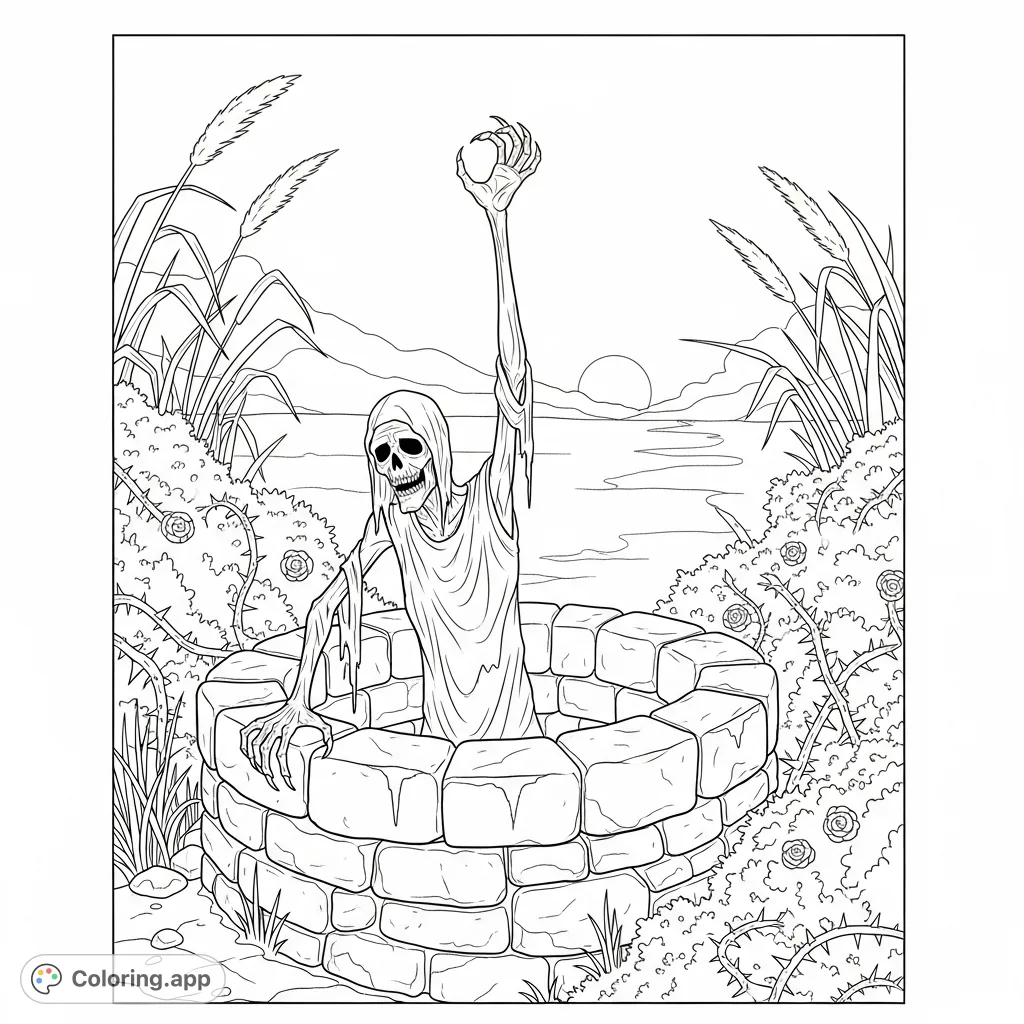 A gaunt, skeletal figure rises from an ancient, overgrown well, its tattered form emerging from shadows. An unsettling scene for those who enjoy dark and mysterious art.
