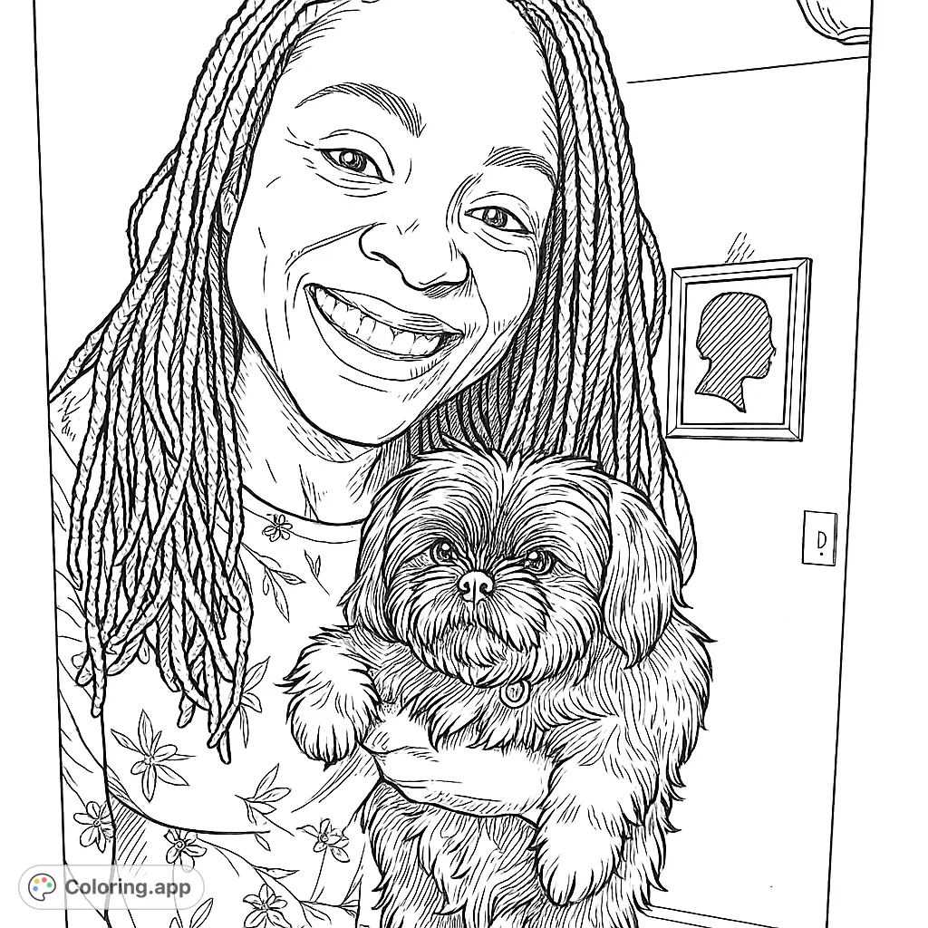 A heartwarming coloring page featuring a smiling woman embracing her adorable, fluffy dog. Perfect for pet lovers and those who enjoy joyful scenes.