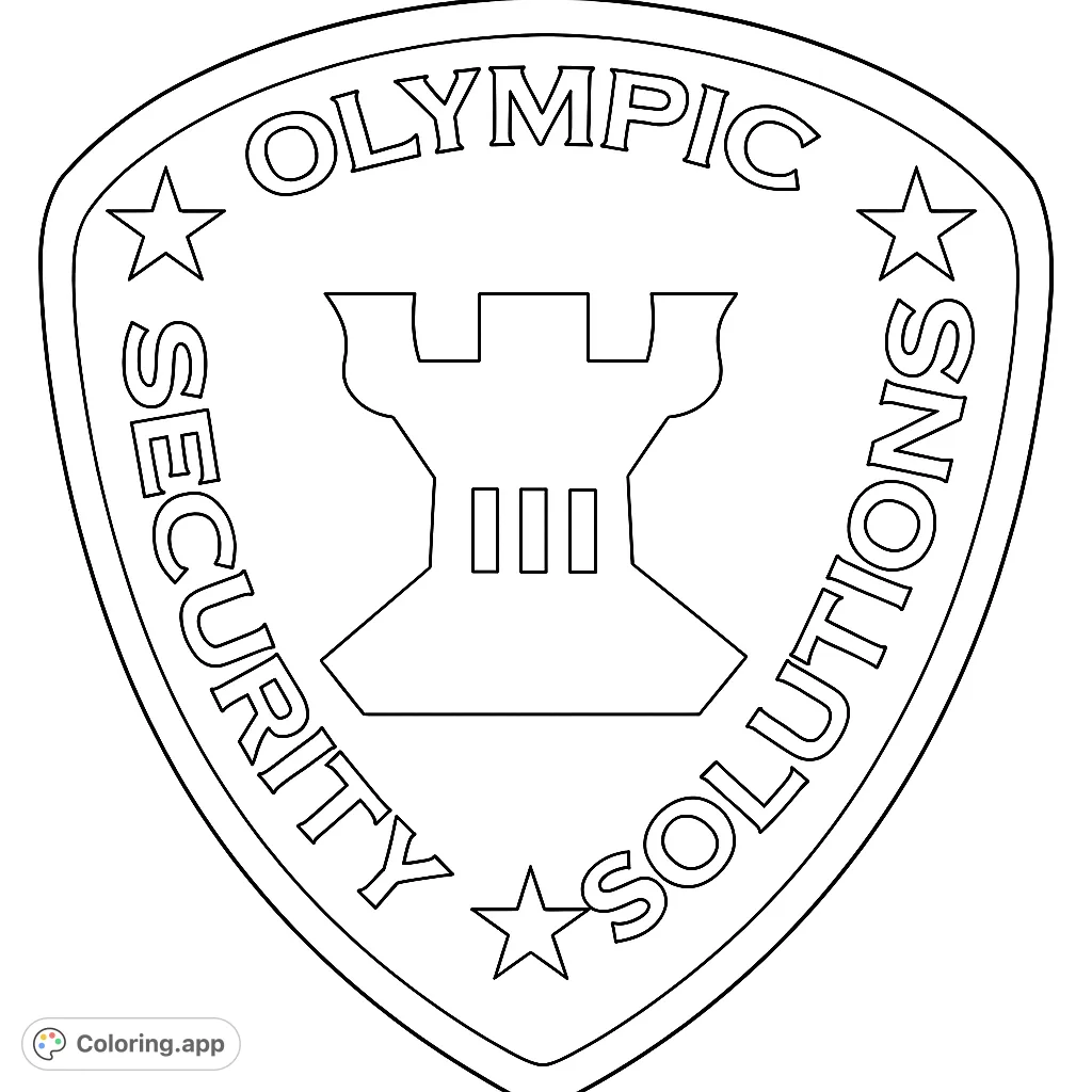 Color a striking shield emblem featuring a strong castle tower, framed by stars and curved text. A powerful design for all ages to personalize.