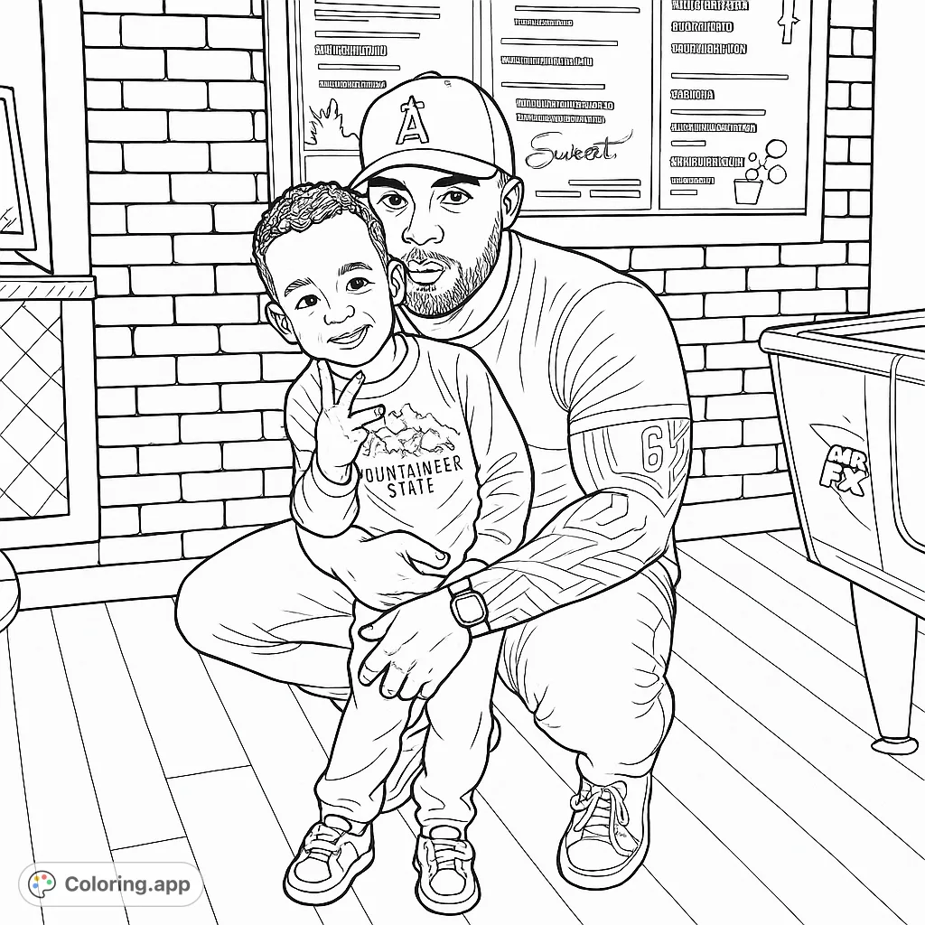 Capture a heartwarming moment of a father and child sharing a playful embrace in a lively setting. Perfect for family coloring page fun!