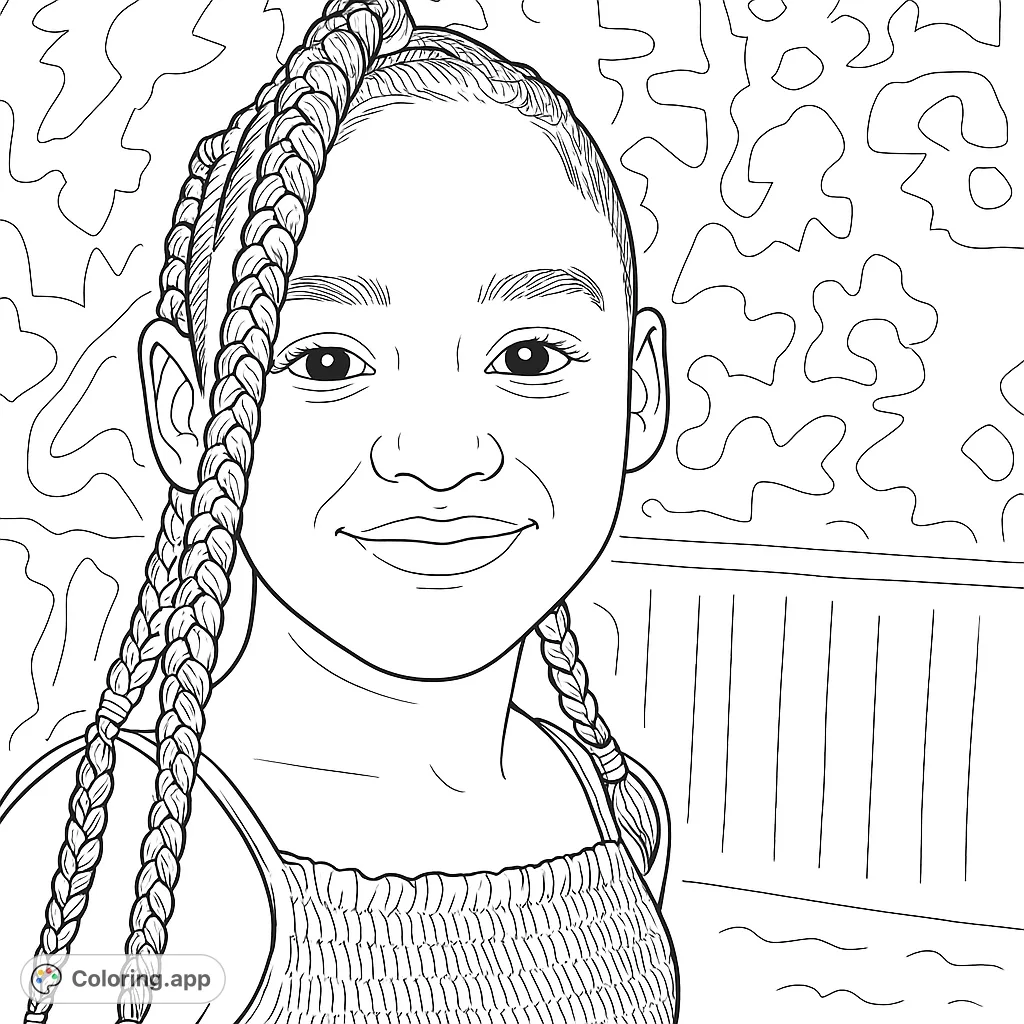 A charming coloring page featuring a smiling girl with intricate braids and a textured top, set against a soft outdoor background. Perfect for creative expression.