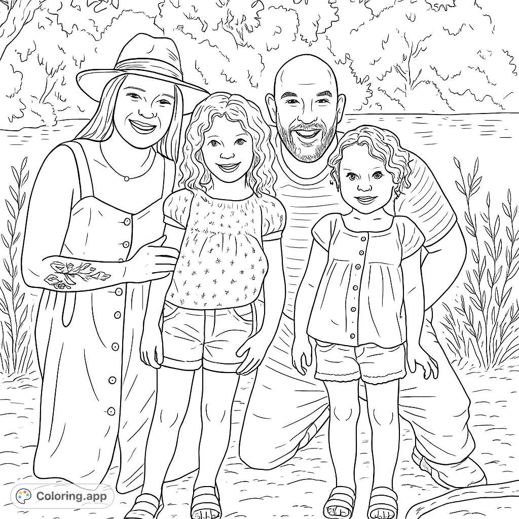Capture a heartwarming family moment outdoors with this delightful coloring page. Features two adults and two children smiling by a serene body of water.
