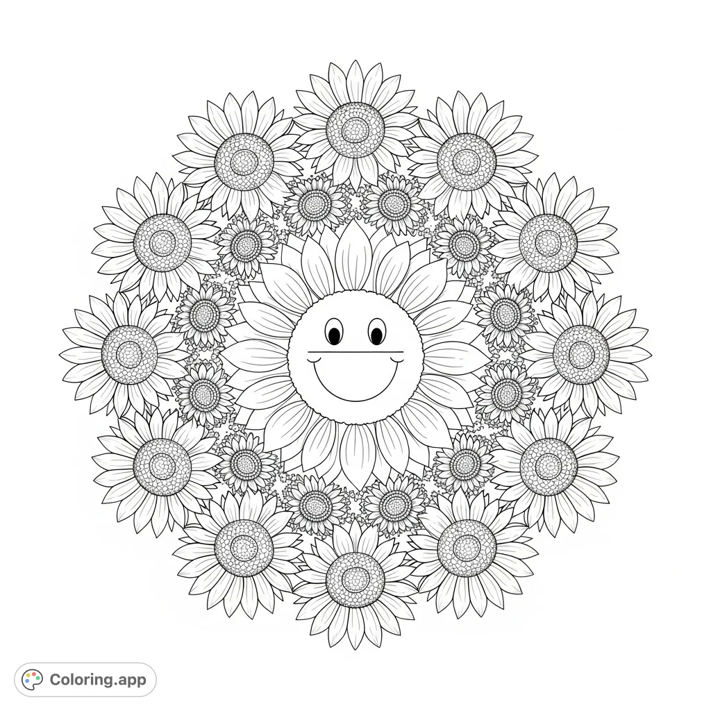 A cheerful floral mandala coloring page featuring a central sunflower with a smiling face, surrounded by intricate sunflower patterns for a delightful coloring experience.