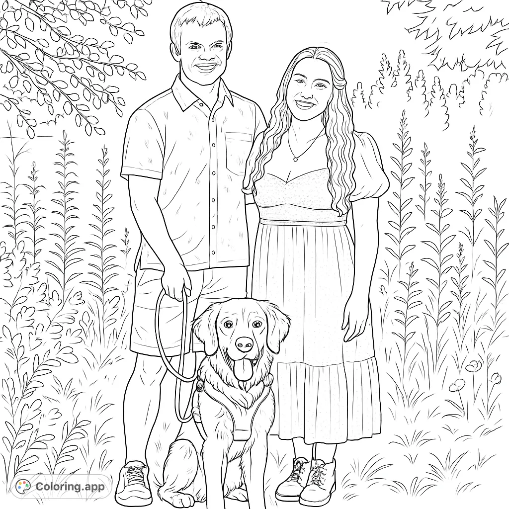 A heartwarming scene of a couple and their dog posing happily amidst tall grasses and leafy trees, perfect for a relaxing coloring experience.