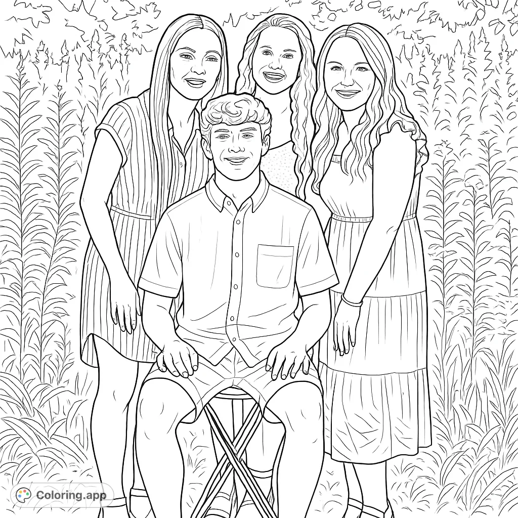 A delightful group portrait of four smiling individuals amidst lush natural foliage, perfect for adding your personal touch to their expressions and surroundings.