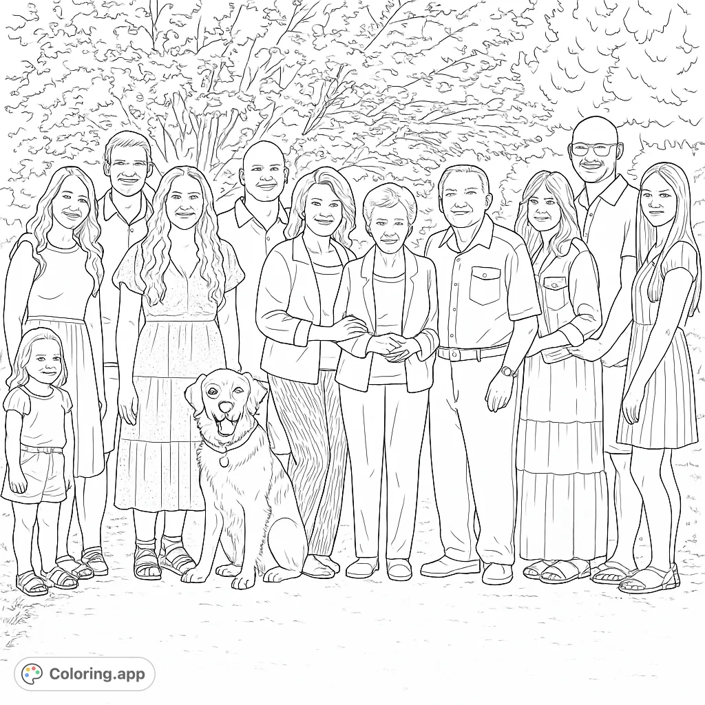 Capture a heartwarming family moment with this detailed group portrait. Featuring multiple generations and a beloved pet, perfect for personalizing.