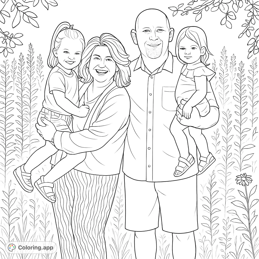 Capture the warmth of a family portrait in a lush outdoor setting. This free printable family coloring page features two adults and two happy children.