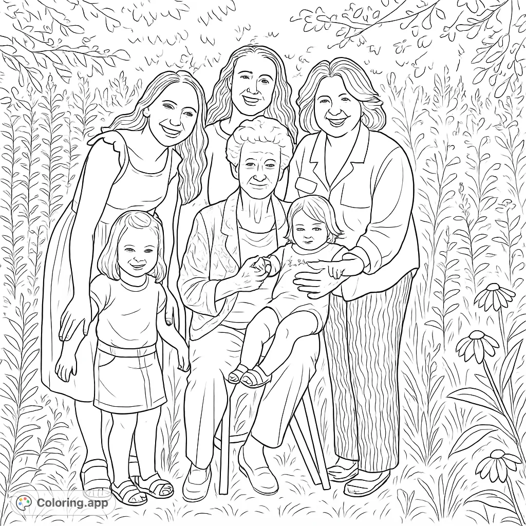 Capture the warmth of family with this multi-generational portrait coloring page. Six smiling females, from baby to elder, surrounded by nature. Perfect for all ages.