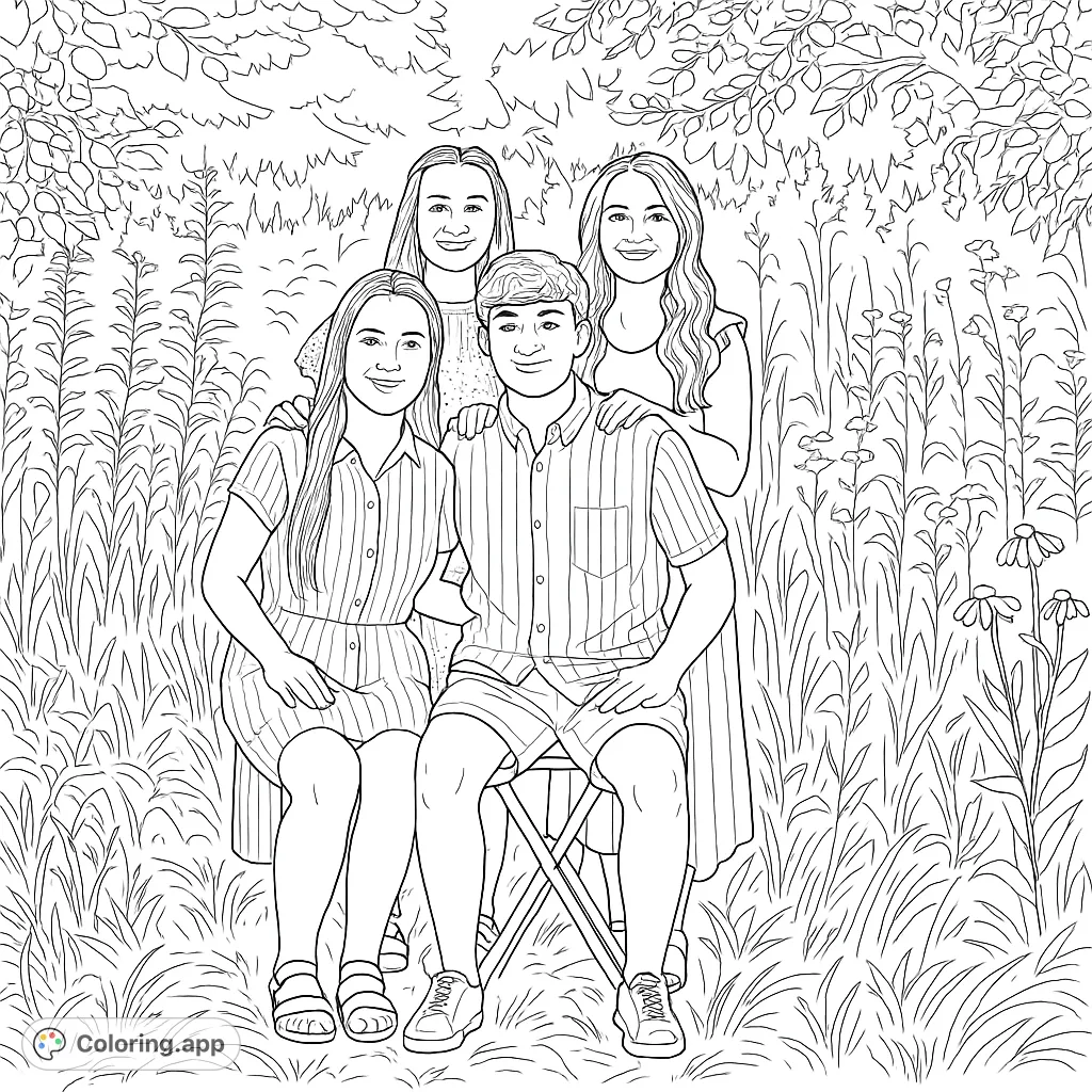 Capture a heartwarming outdoor family portrait featuring four smiling individuals amidst a field of tall grass and wildflowers. Perfect for a relaxing coloring experience.