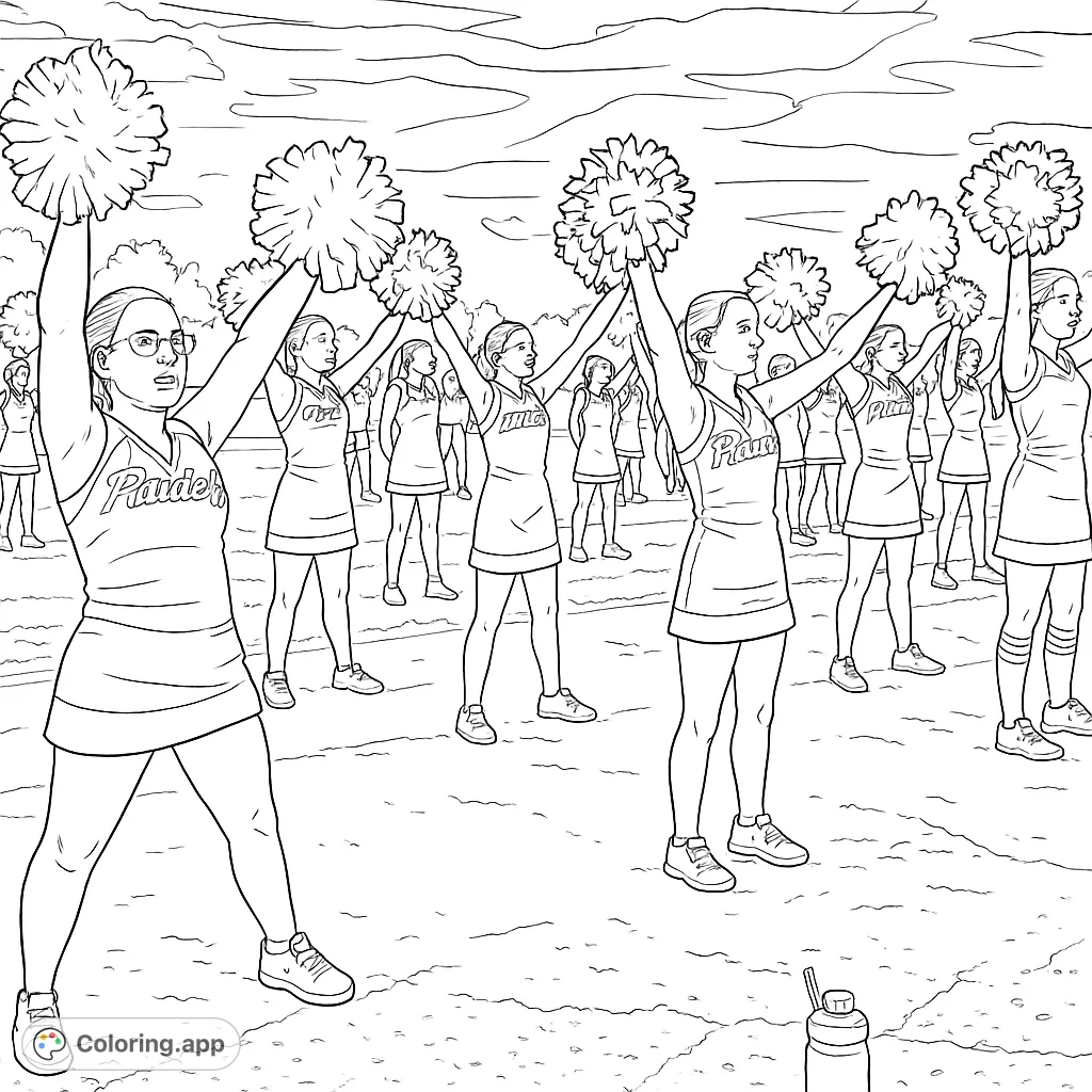 Capture the spirit of a cheerleading squad in action! This dynamic cheerleading coloring page features a group of performers with pom-poms, ready for a vibrant display.