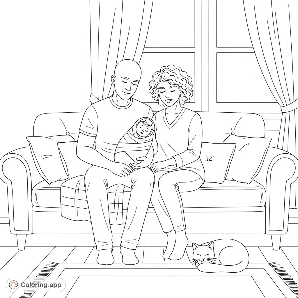 Capture a heartwarming family moment in a cozy living room. A bald man, curly-haired woman, infant, and cat share a couch, perfect for coloring.