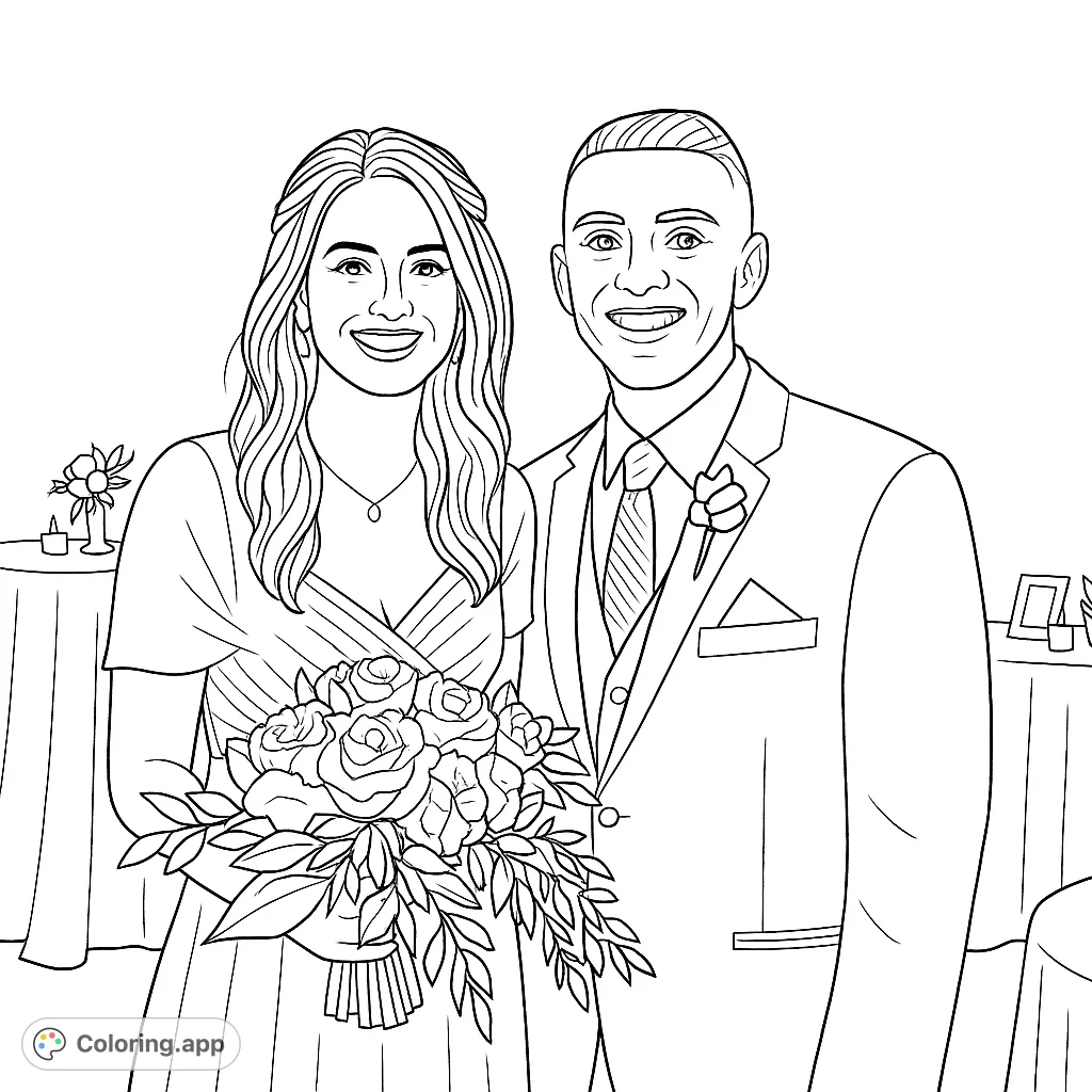 Capture the joy of a special occasion with this elegant couple coloring page. Features a smiling pair, a beautiful bouquet, and formal attire.