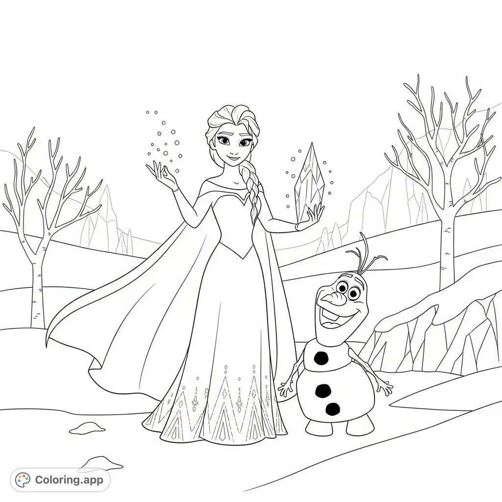 A delightful Frozen coloring page featuring Elsa and Olaf enjoying a whimsical day in a snow-covered landscape, perfect for fans of all ages.