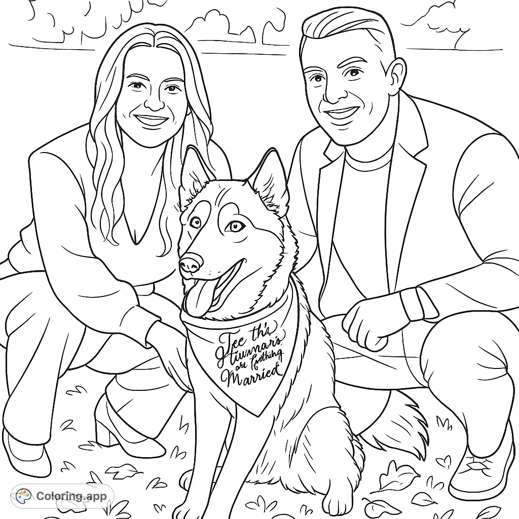 Celebrate love with this heartwarming coloring page featuring a happy couple and their adorable Husky dog, perfect for engagement or pet lovers.