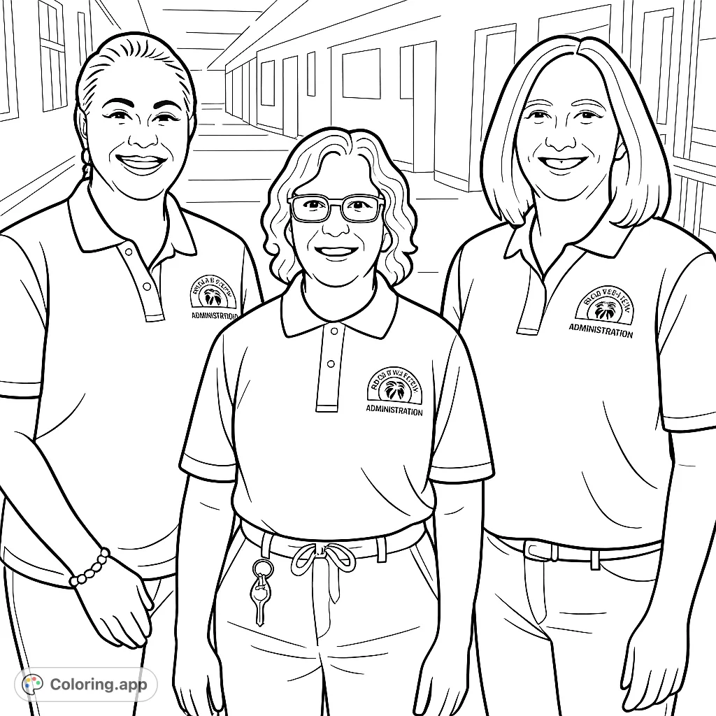 A friendly school staff portrait coloring page, perfect for celebrating educators and community figures. Features three smiling individuals in uniform.