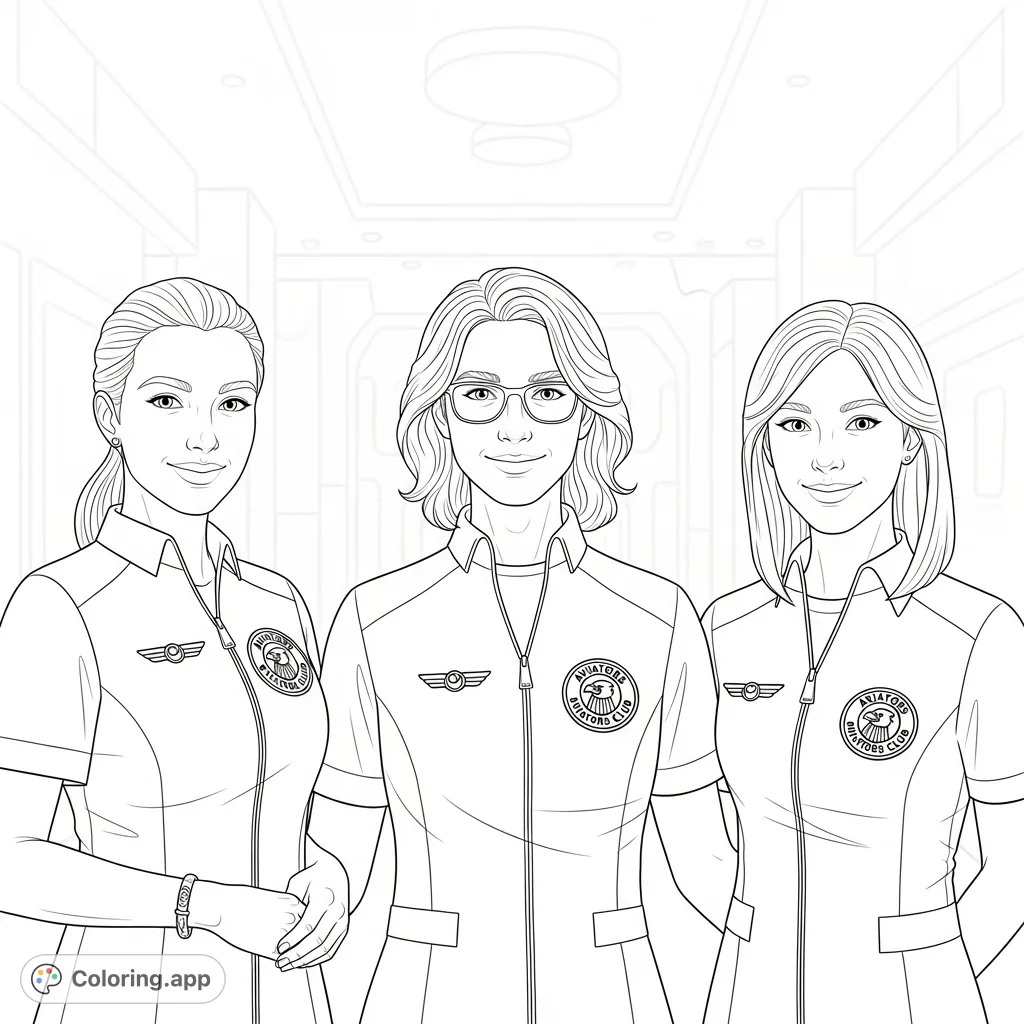 A realistic coloring page featuring three individuals in collared tops with emblems, standing in an indoor hallway with a grid background.