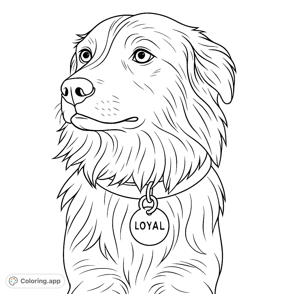 Color a charming dog portrait featuring a furry companion with expressive eyes, a detailed collar, and a textured coat. Perfect for pet lovers!