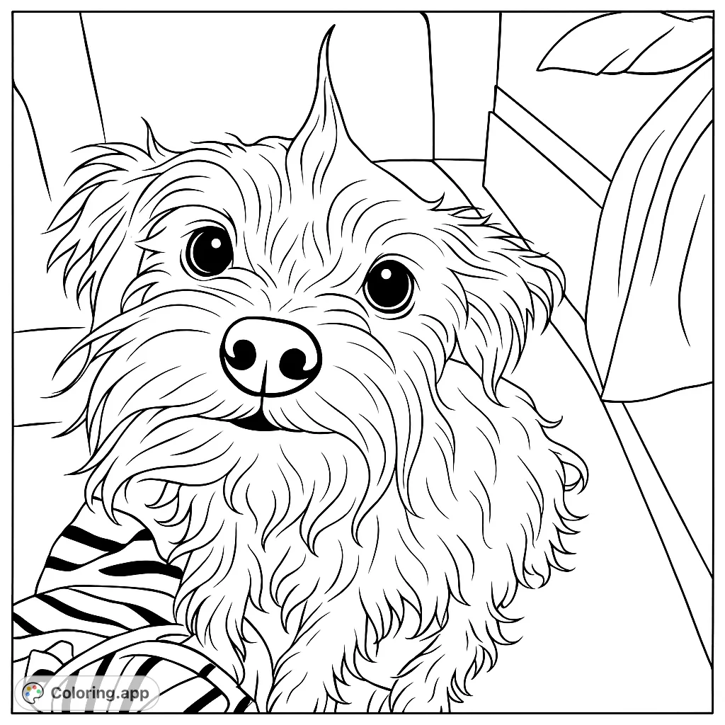 A charming fluffy dog with a unique spiky hairstyle sits on a striped blanket, ready for a creative coloring adventure. Perfect for pet lovers!