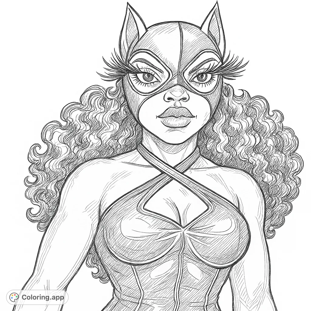 Unleash your creativity with this superheroine coloring page, featuring a fierce character in a cat-eared mask and intricate curly hair. Perfect for detailed coloring!