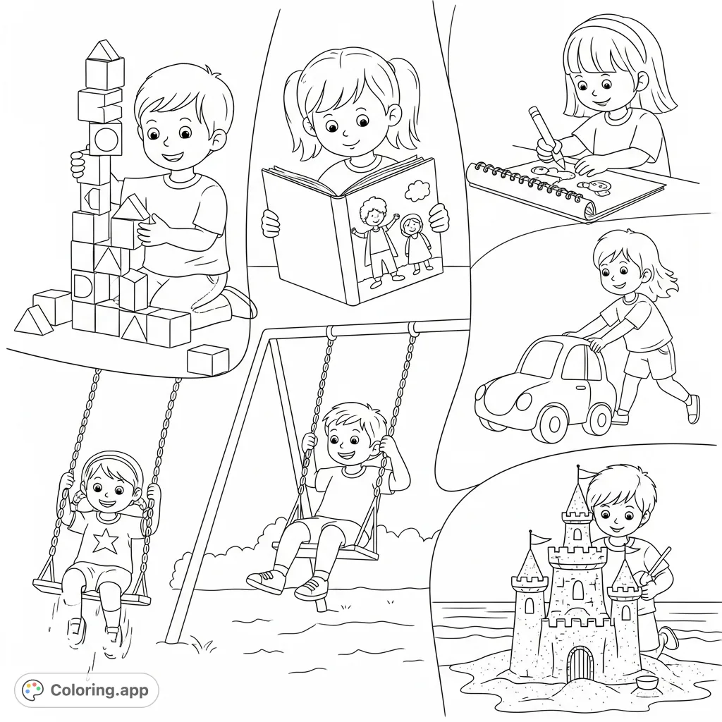 Explore a delightful collage of children enjoying various leisure activities, from building blocks to reading and playing outdoors. Perfect for young imaginations!