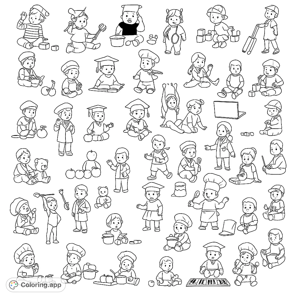 Explore a delightful collection of babies dressed as various professionals, from chefs to doctors, inspiring imagination and creative coloring fun.