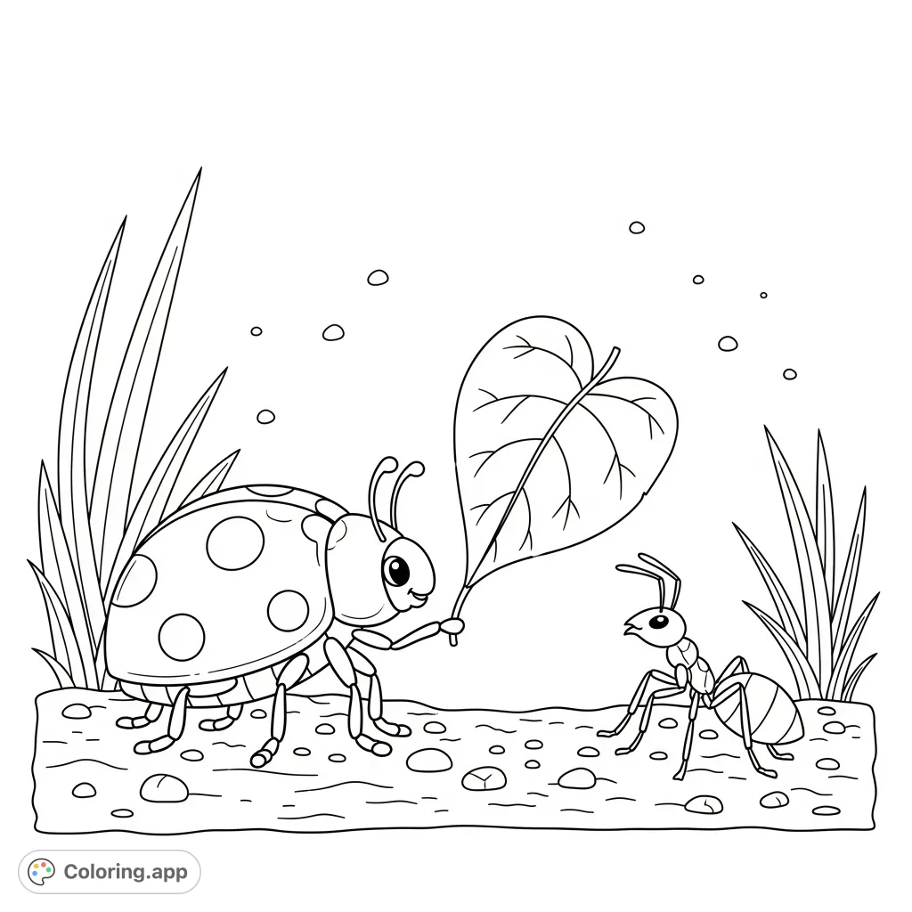 A charming scene of a friendly ladybug presenting a heart-shaped leaf to a grateful ant, set amidst a whimsical garden. Perfect for a delightful coloring experience.