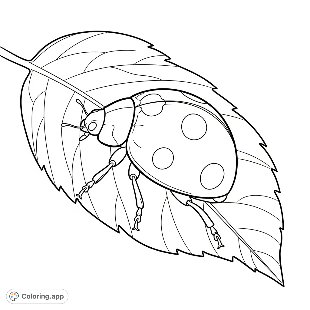 A charming loyal ladybug with distinctive spots, perched gently on a detailed leaf, ready for a burst of creative colors. A delightful nature scene.