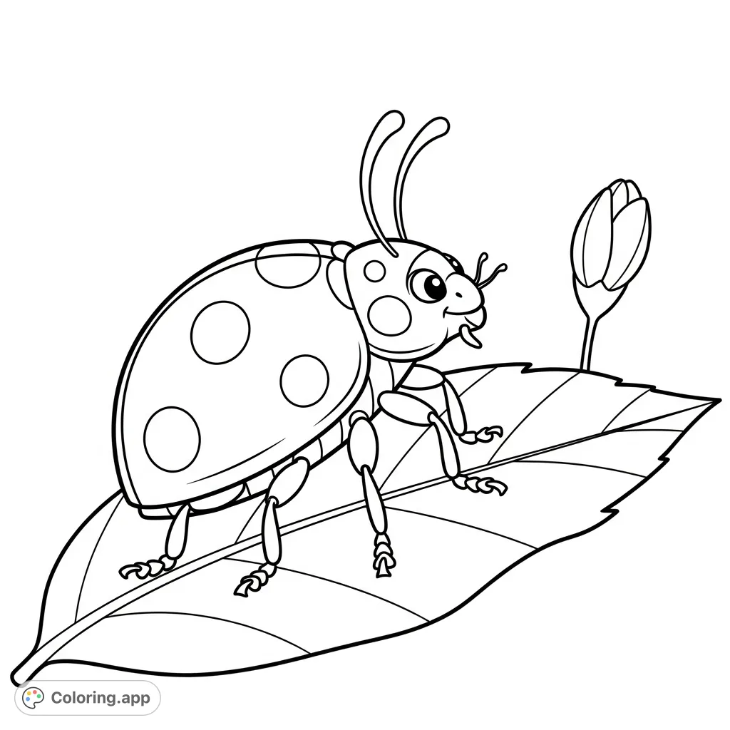 A charming ladybug stands loyally on a textured leaf, its round body and delicate antennae detailed for a delightful coloring experience.
