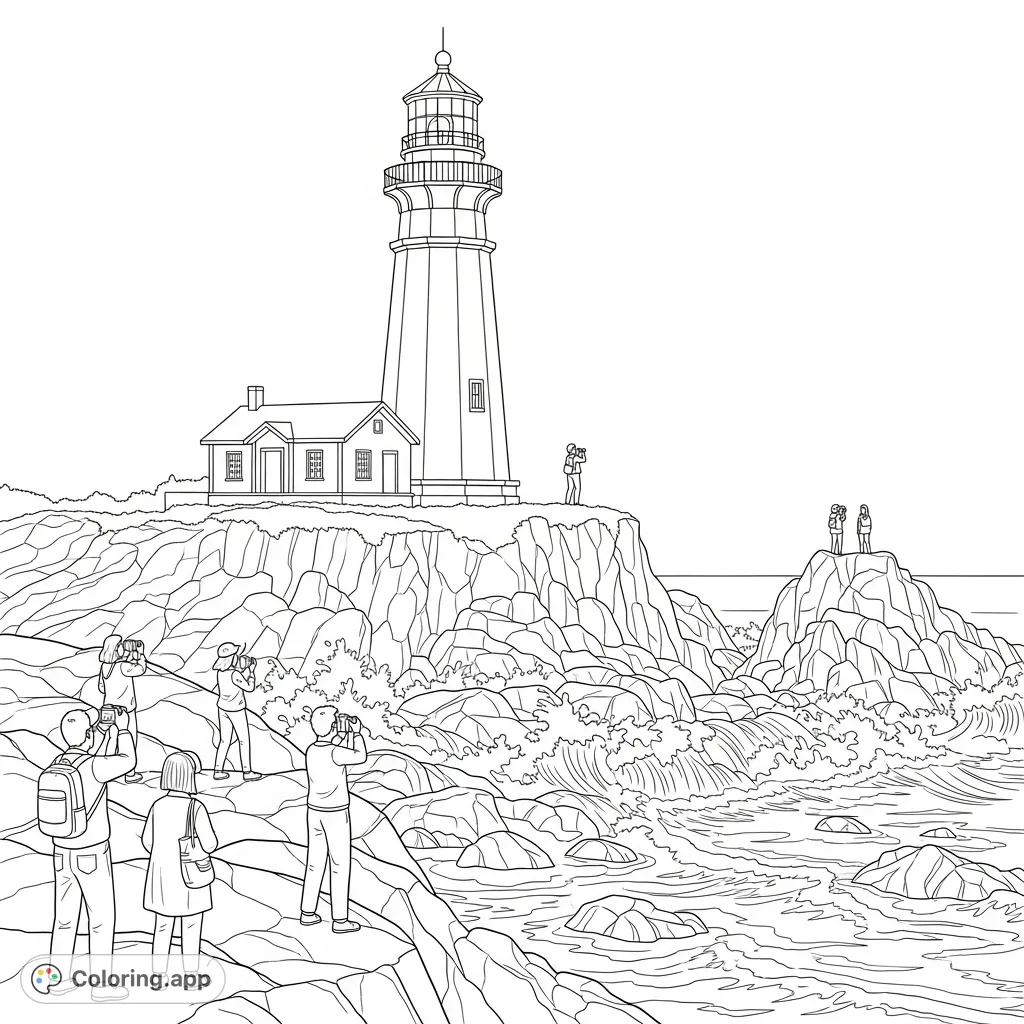 Explore Peggy's Cove Lighthouse, a majestic landmark on a rugged coast with crashing waves and tourists capturing its beauty. A free printable coloring page.