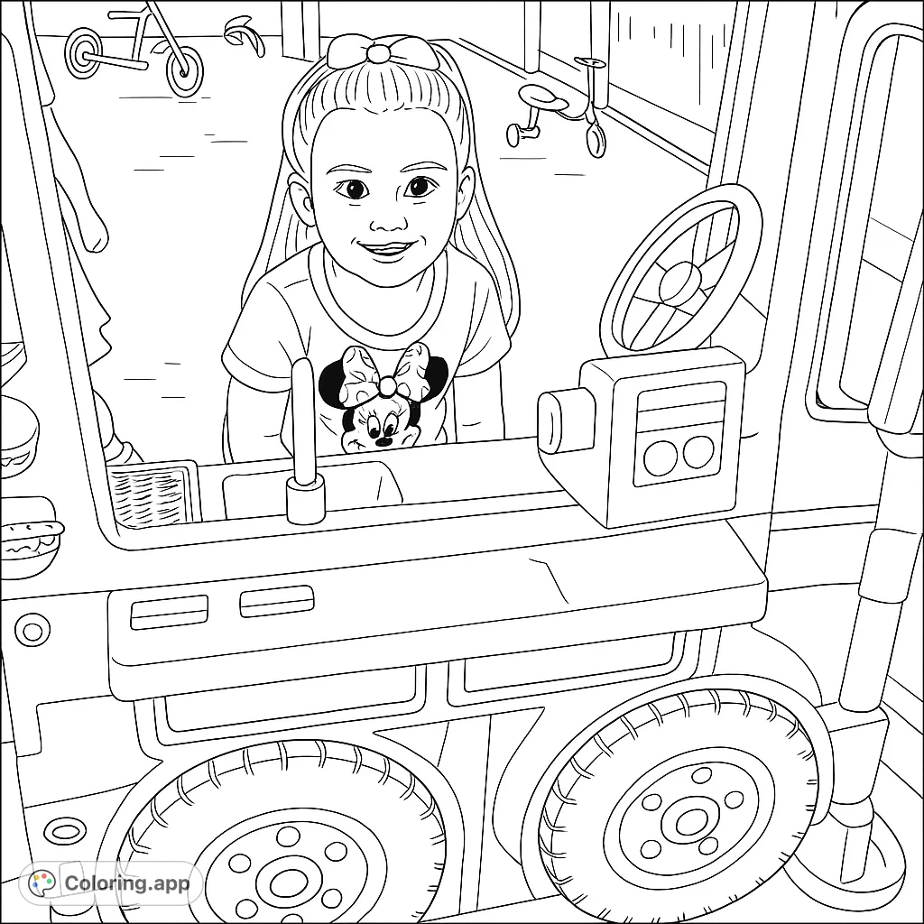 A cheerful girl in a fun play food truck, ready for imaginative adventures. Perfect for kids who love pretend play and creative coloring.