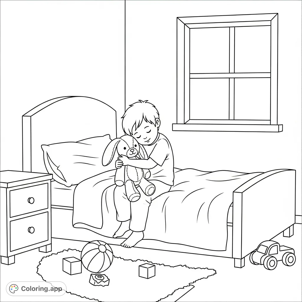 A heartwarming bedroom scene featuring a young boy hugging his soft bunny plushie amidst scattered toys, perfect for a cozy coloring moment.