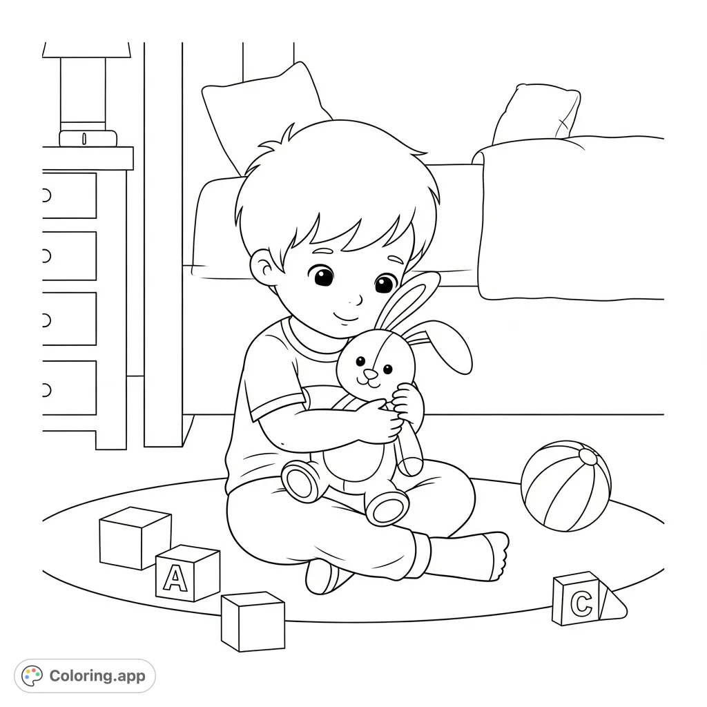 A heartwarming scene of a young boy hugging his beloved plush rabbit amidst scattered toys in his cozy bedroom. Perfect for little artists.