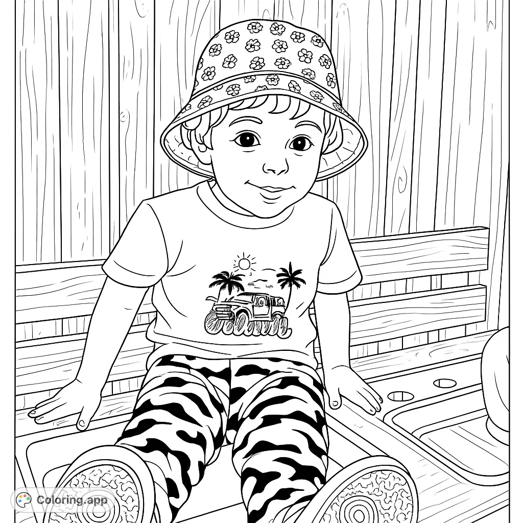 A delightful coloring page featuring a happy child in a patterned bucket hat and camouflage pants, sitting in a basin against a rustic wooden fence. Perfect for young artists.