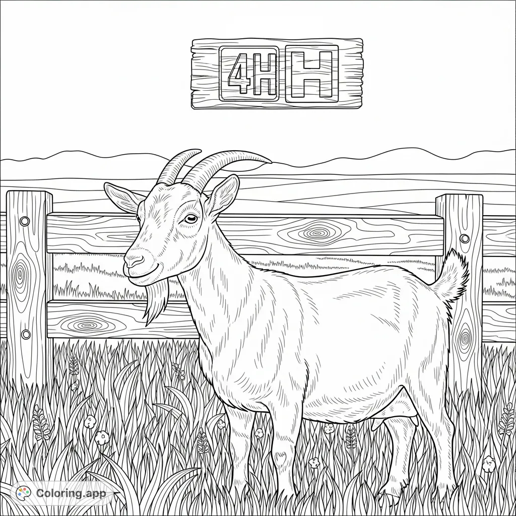 A charming goat stands in a farm setting with a "4H" banner, perfect for a goat 4H coloring page. This free printable coloring page is great for all ages!