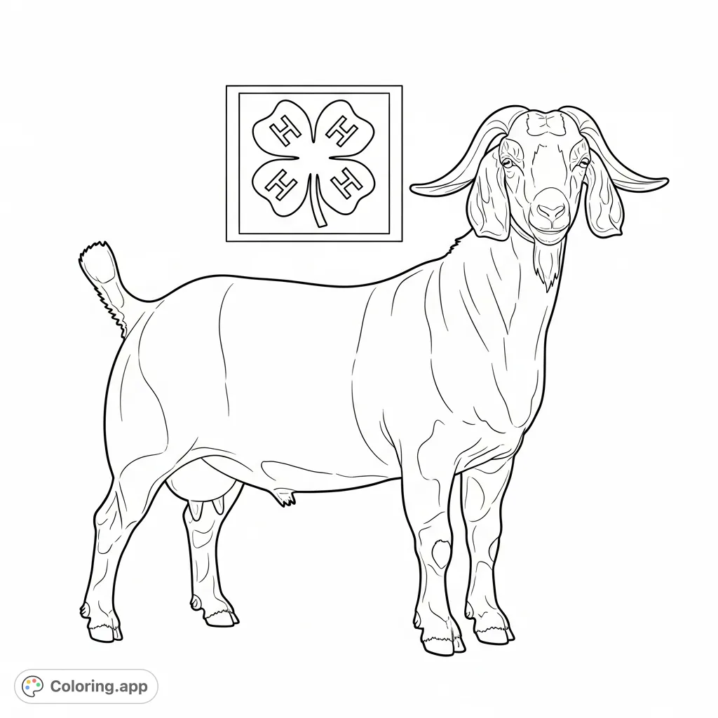 A proud Boer goat stands ready for show, with a prominent 4H emblem, perfect for farm animal enthusiasts and agricultural education.