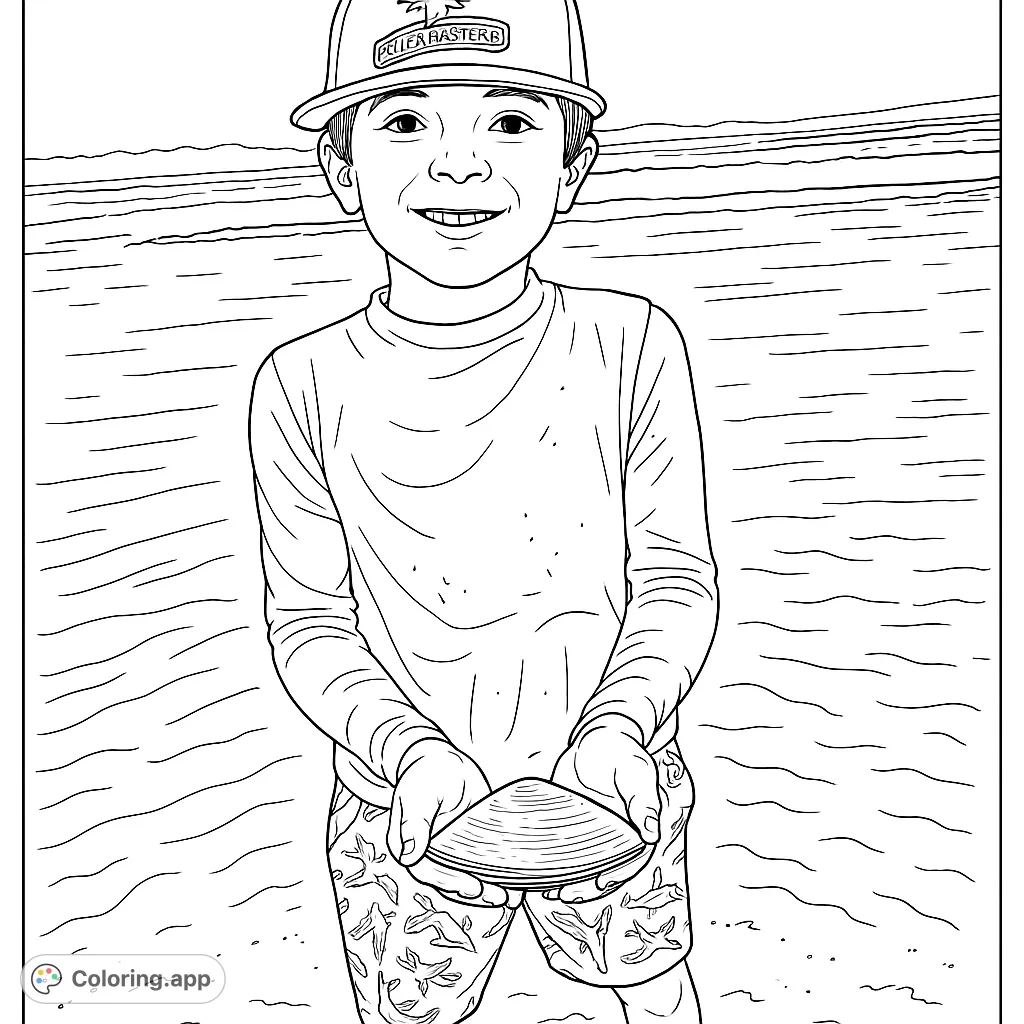 A cheerful boy holds a clam at the beach, ready for a fun coloring adventure. Perfect for young explorers and nature lovers.