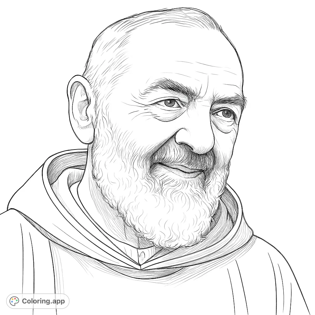 A realistic portrait of a revered monk, featuring a detailed beard and contemplative expression. A spiritual and calming free printable coloring page.
