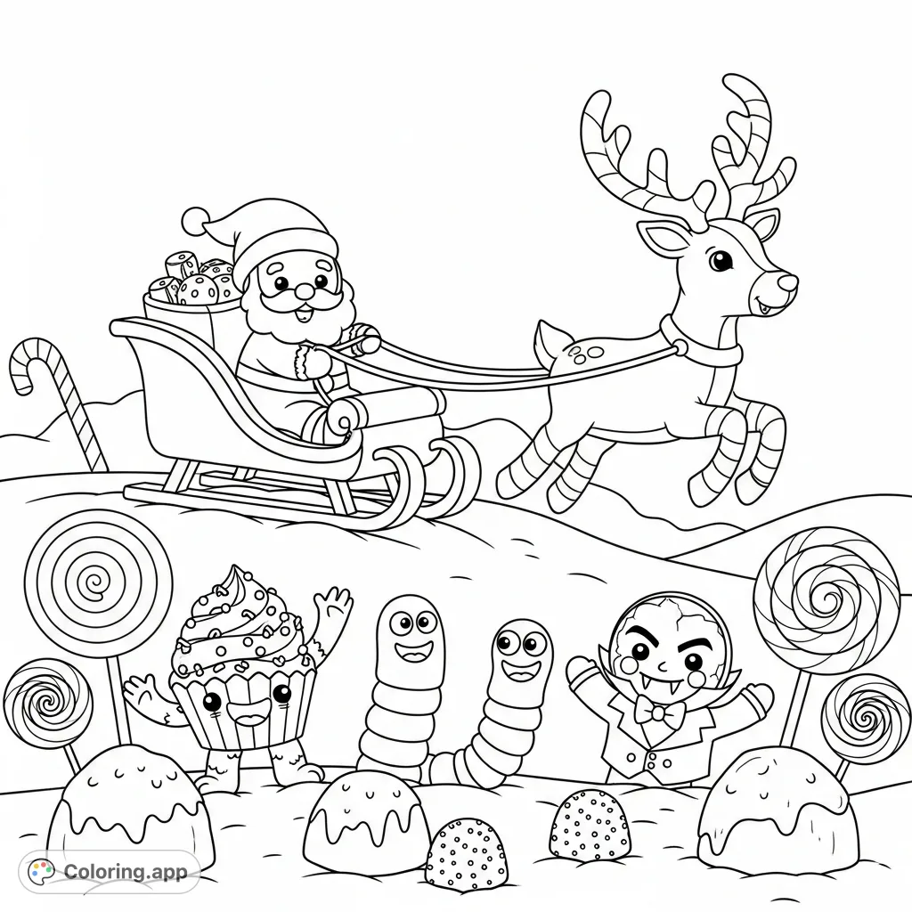 Join Gingerbread Santa on his candy-pulled sled, as a Cupcake Monster, Gummy Worm, and Vampire Cookie wave from a whimsical, snowy candyland.