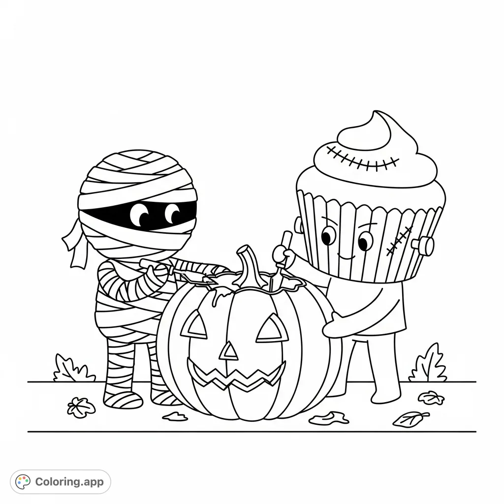 Join a Licorice Mummy and Cupcake Frankenstein as they carve a festive pumpkin. A fun Halloween coloring page for kids and monster fans!
