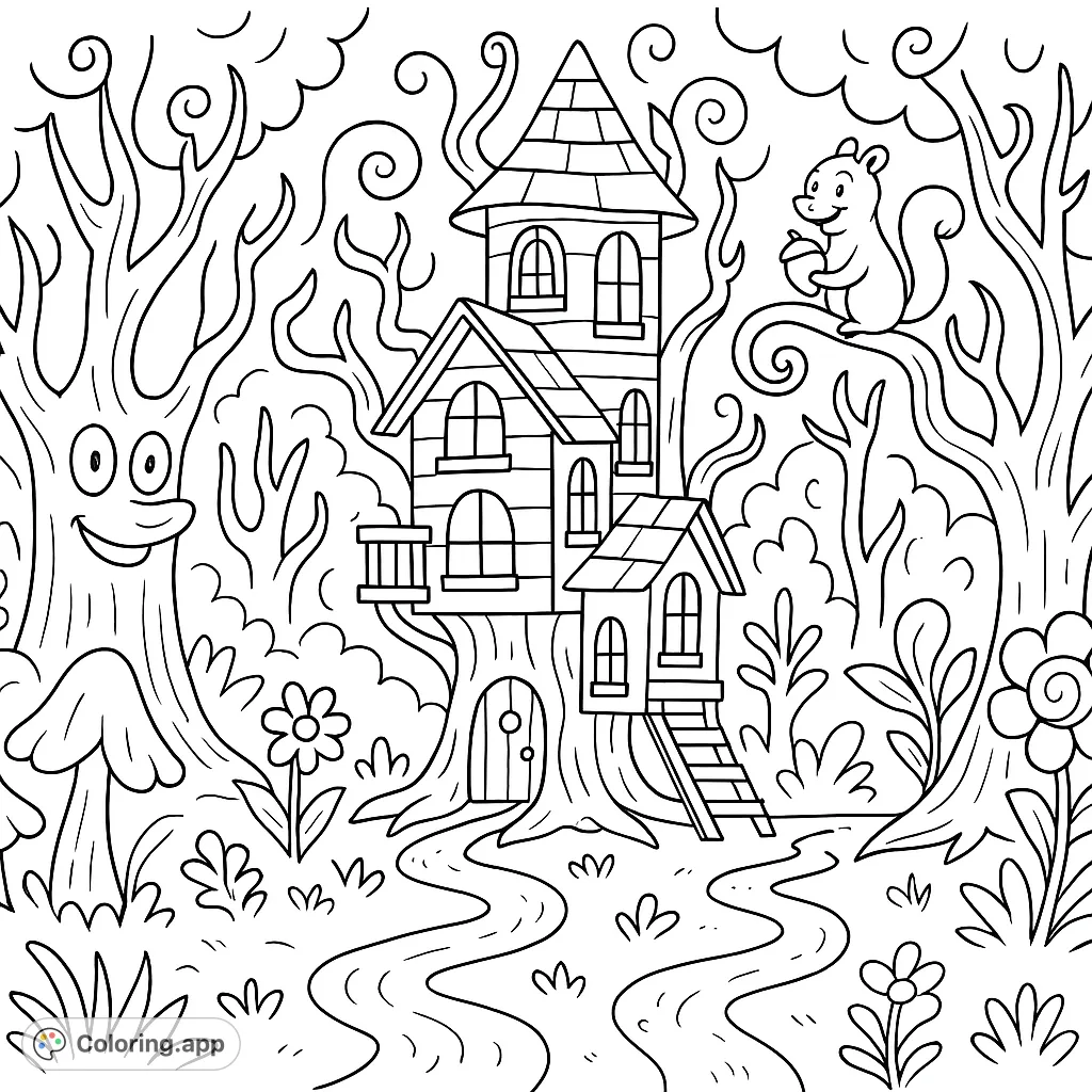 Explore a magical forest with a charming treehouse, a friendly smiling tree, and a playful squirrel. A delightful scene for imaginative coloring fun!