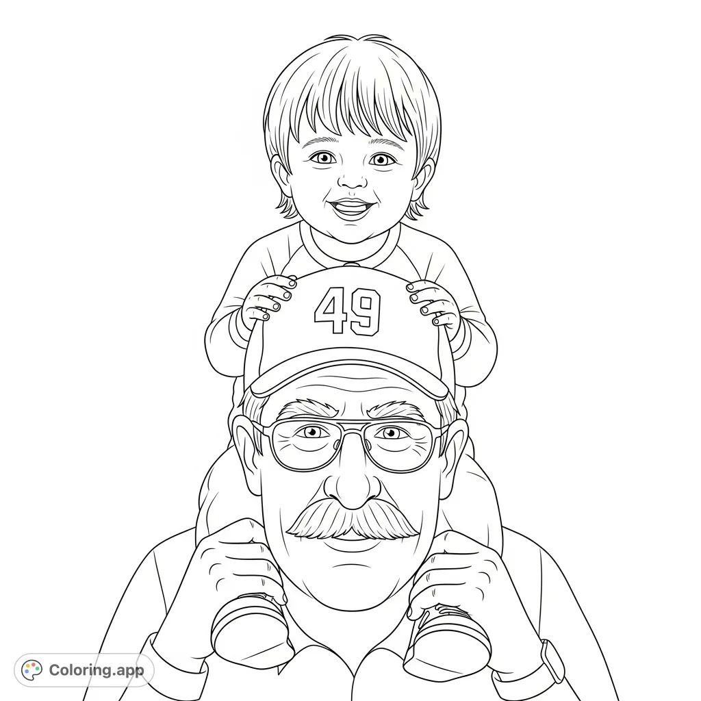A heartwarming free printable coloring page featuring a joyful boy on his grandpa's shoulders, perfect for celebrating family bonds and creating cherished memories.