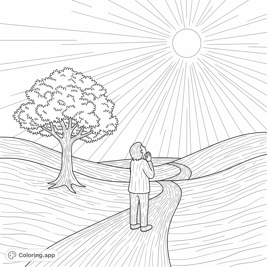 A serene scene depicting a figure on a winding path, looking towards a radiant light, symbolizing hope and spiritual journey. Perfect for reflection.