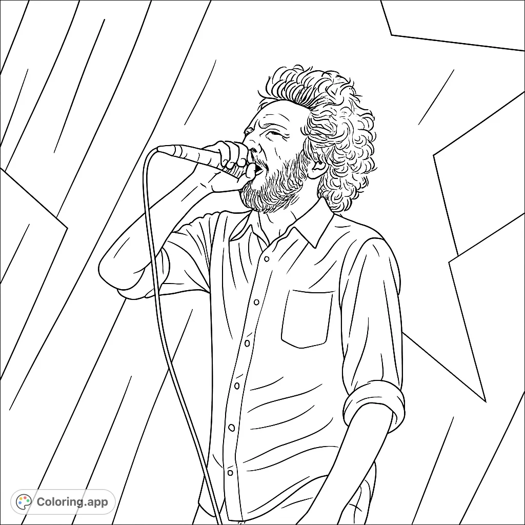 Capture the energy of a live performance with this dynamic vocalist coloring page. Features a singer with curly hair and a microphone against a star backdrop.