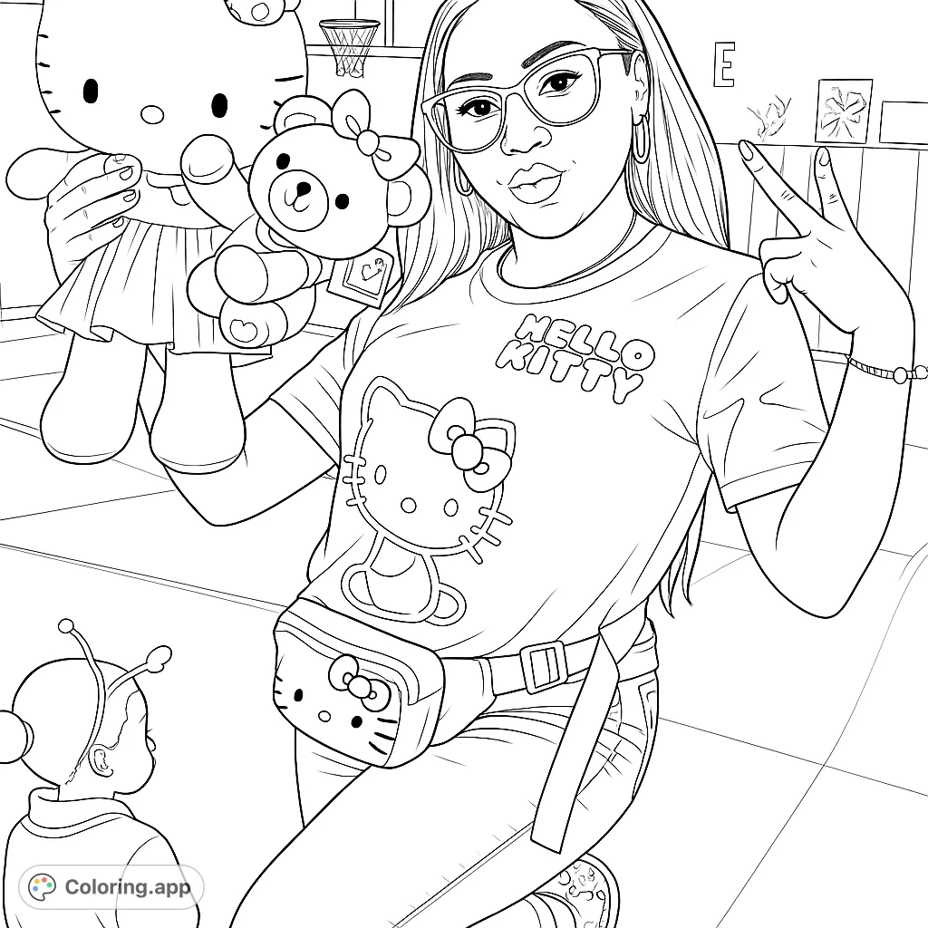 A cheerful character fan proudly displays her favorite plush toys and themed accessories, set in a lively indoor scene. Perfect for fans of cute characters.