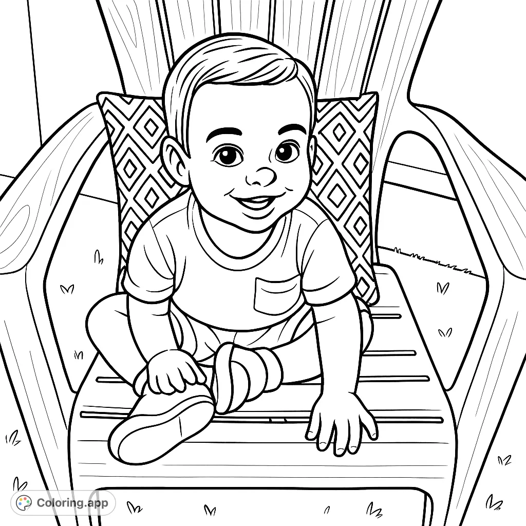 A delightful coloring page featuring a happy child sitting on an Adirondack chair with a patterned cushion. Perfect for young artists to bring to life with vibrant colors.