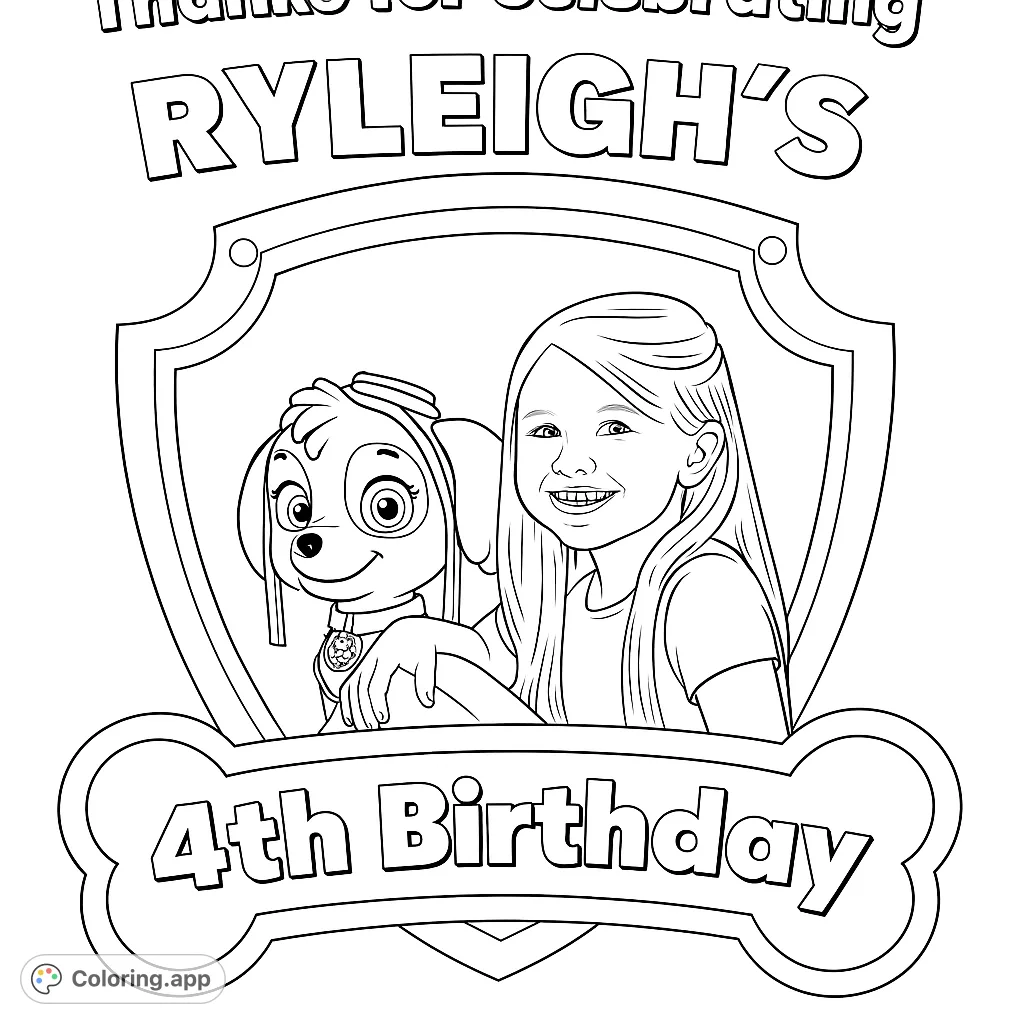 Celebrate a special day with this fun birthday coloring page featuring a smiling girl and a beloved cartoon dog character within a decorative shield and birthday banner.
