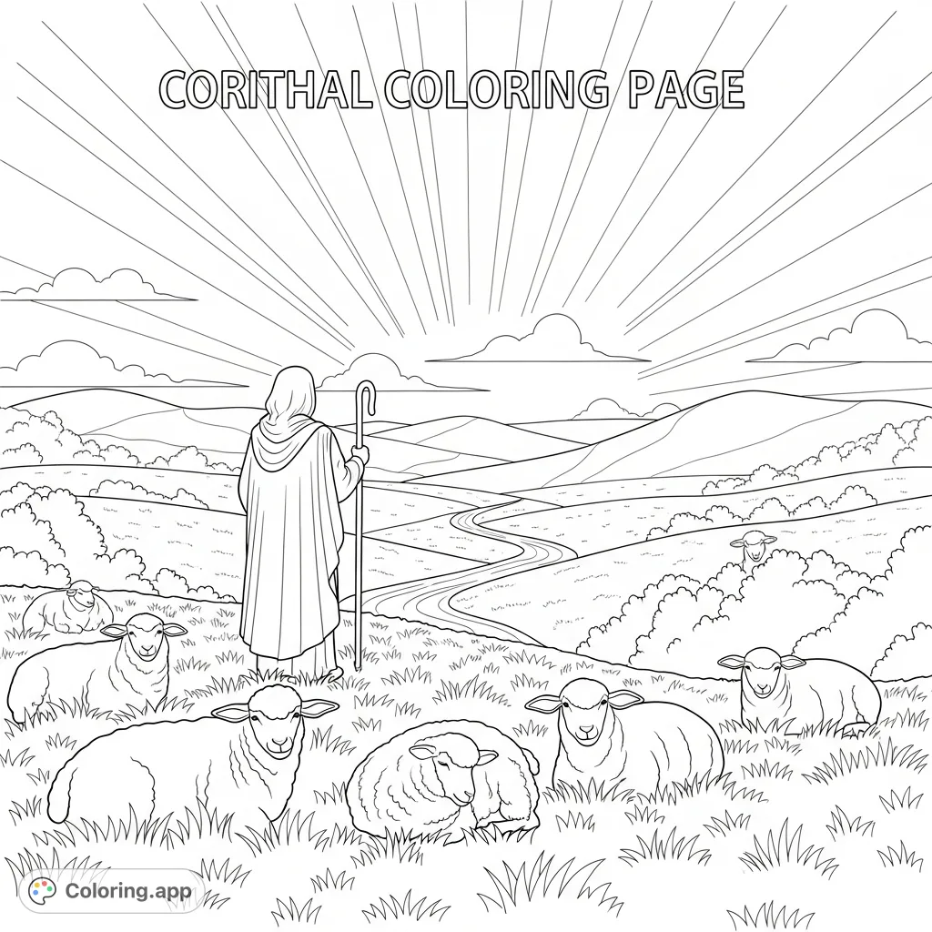 A serene shepherd guides his flock in abundant pastures, with rolling hills and gentle light. A calming Christian coloring page for all ages.